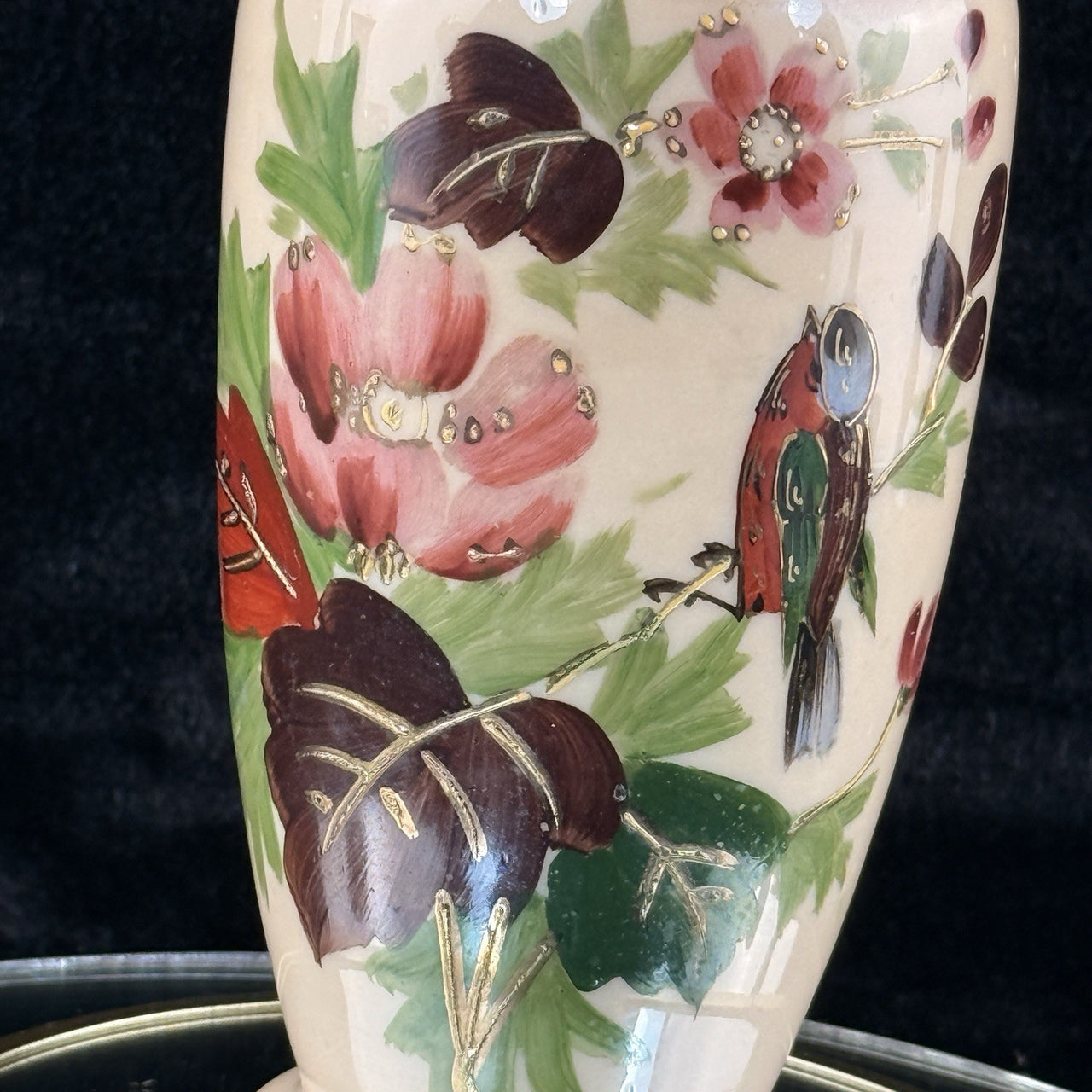 Antique Milk Porcelain Vase HandPainted Floral Bird Design Ruffle Rim 9.5” Tall3