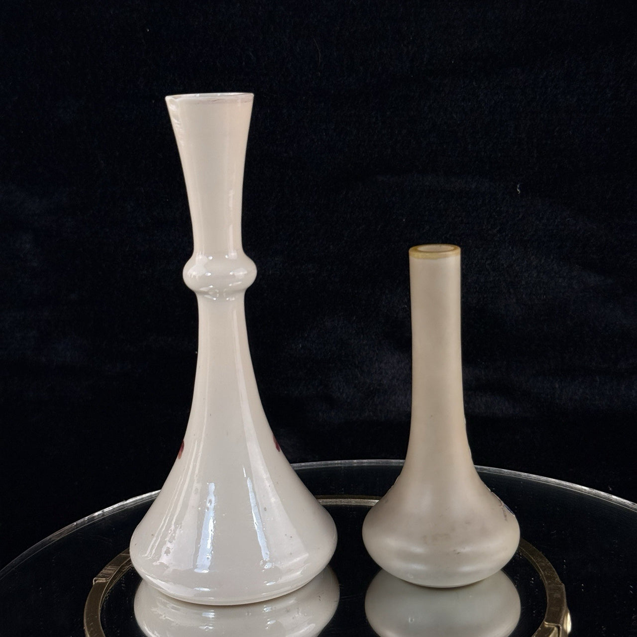 Vintageantique Hand Painted Milk Glass Bud Vase pair Floral Motif Blue Enamel7