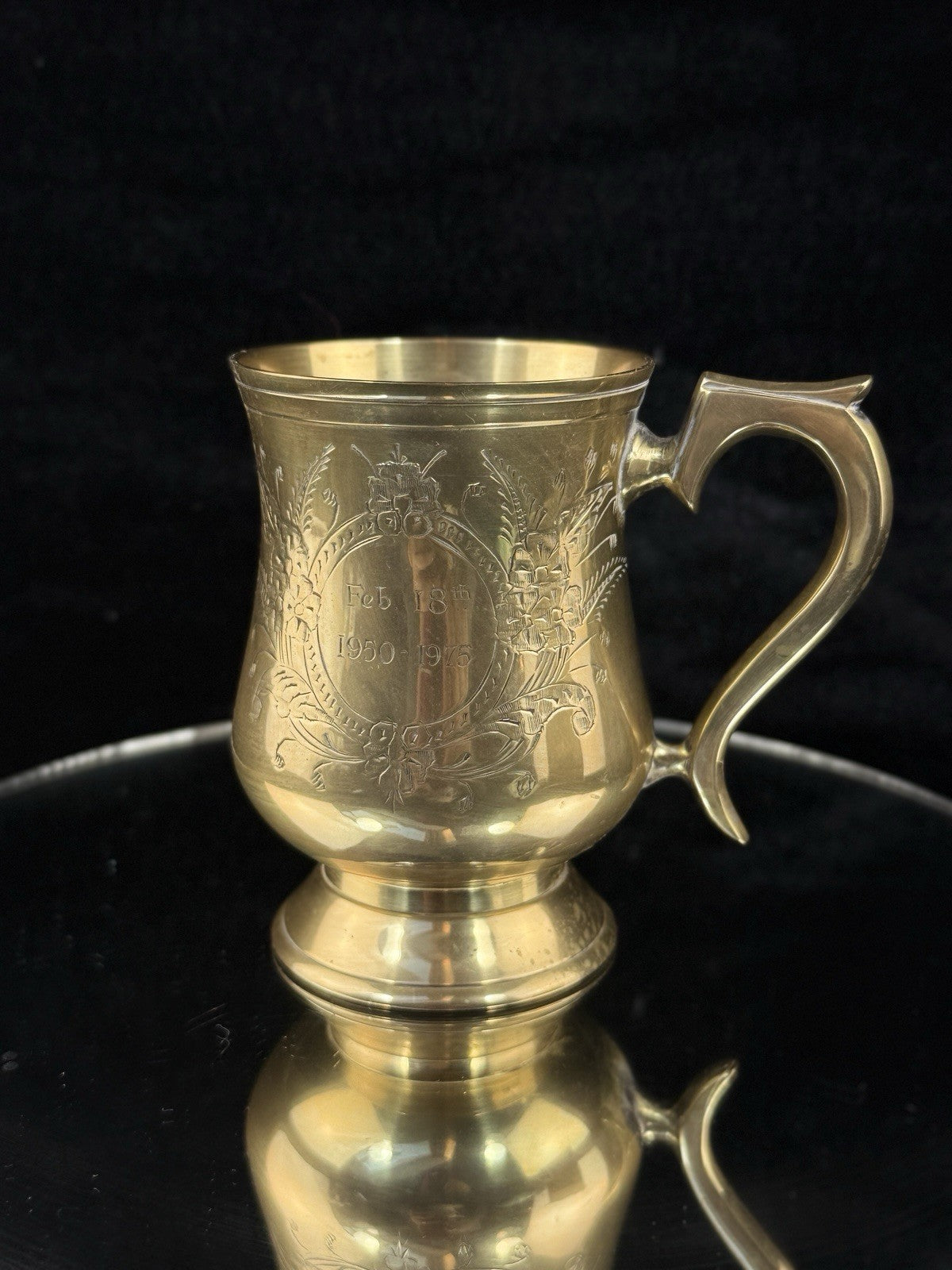 Evans Brass Commemorative Mug 1950–1975 – 5” Engraved Floral Cup Trophy J&E1