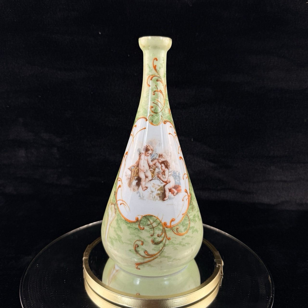 Antique Cherub Porcelain Vase Hand Decorated Putti Scene Gold Green Gilt decor0