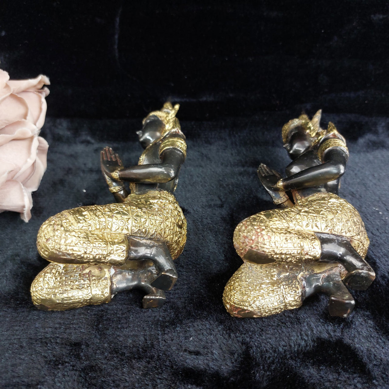 Thai Bronze Kneeling Praying 8.5" Statues Pair Ornate Gold Trim decor see pics10