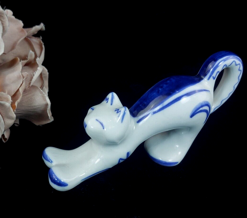 USSR Vintage Cat Figurine Good White Blue Stretching Kitten Russian Porcelain .0