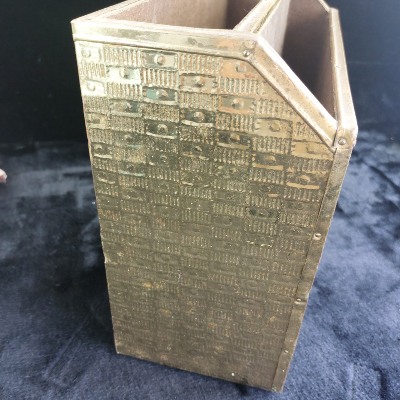 Gold Brass Magazine Rack Tavern Scene Handle Wood Back  Vintage  10