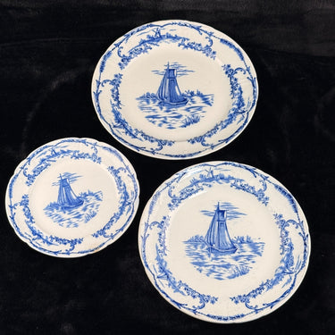 ANTİQUE Delph Blue&White Transferware Plates x3 1896 Sailboat Windmill Scene1