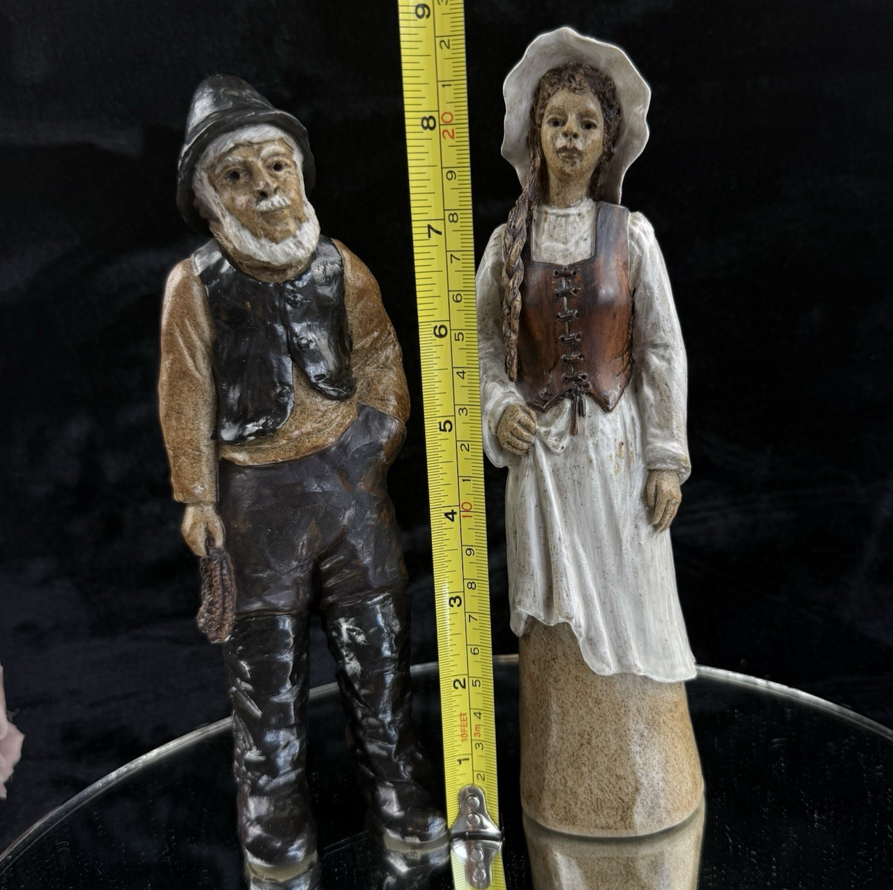 Vintage  Signed by JR Art Pottery fisherman and wife clay figurine set of 2 Rare3