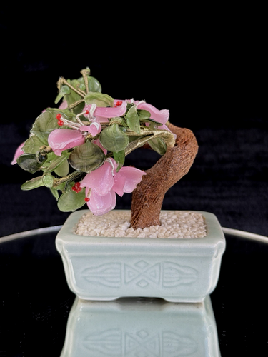 HandCarved Jade/Stone Bonsai Tree Figurine  Pink Flowers & Green Leaves gift0