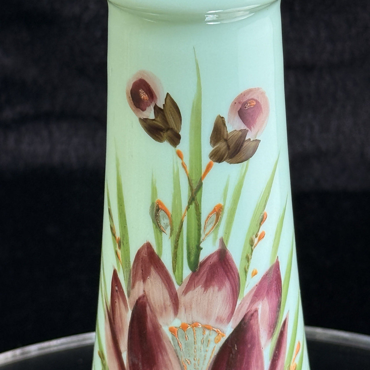 Antique Milk Glass vase Art Glass Vase Turquoise Floral Tall 10” Enameled decor4