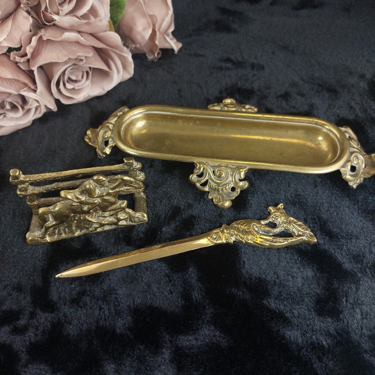 Vintage Brass Desk Set – Letter Holder, Rococo Tray pen holder & Letter Opener2