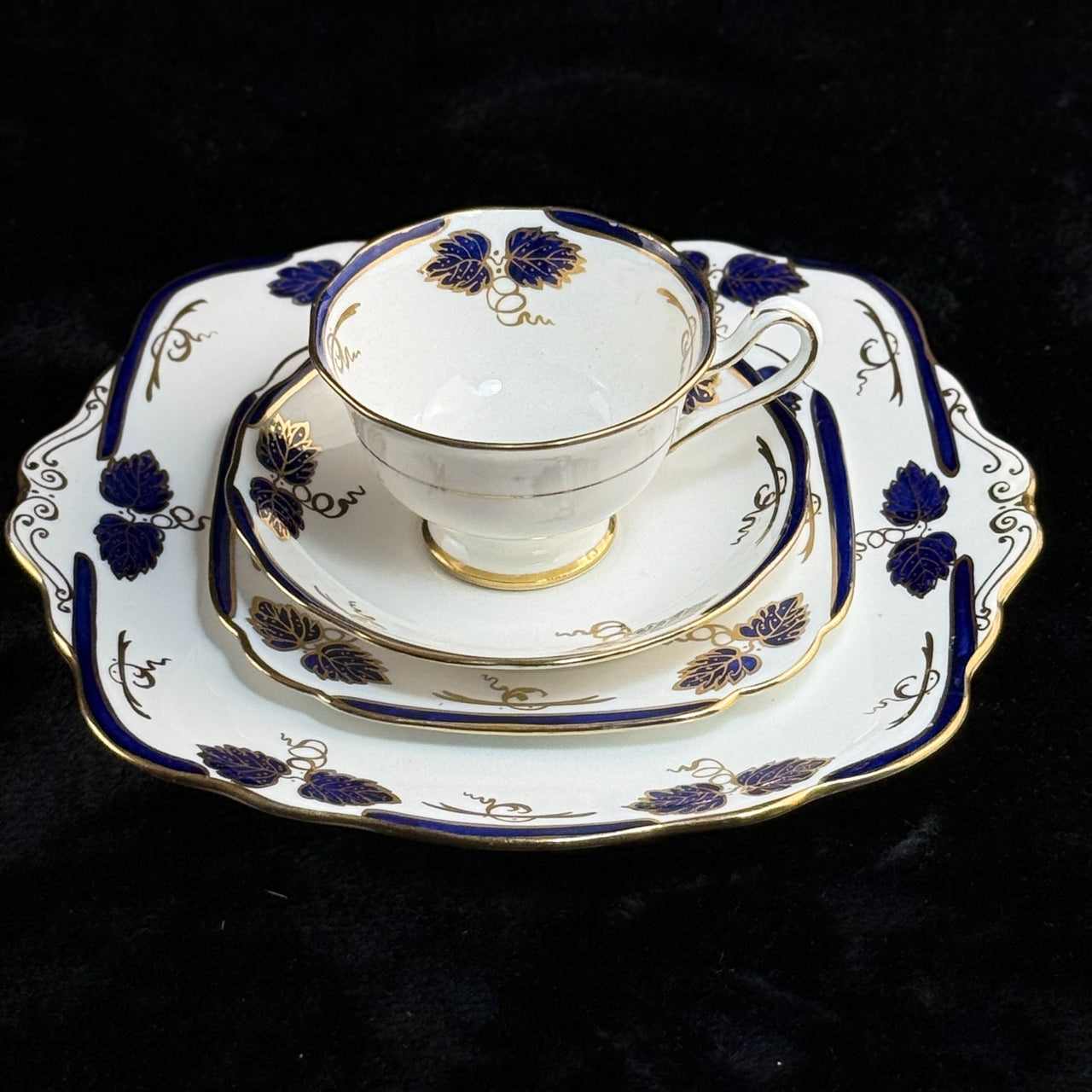 Rare Royal Albert Crown 1930s Cobalt Blue 2 Trios & Cake Plate Set England. 20