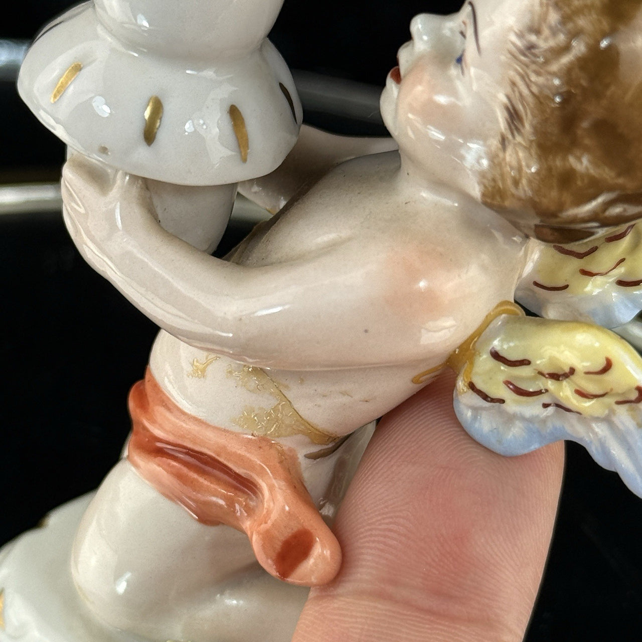Antique German Dresden Cherub Candle Holder Figurine Winged Putto 3.5” Repaired4