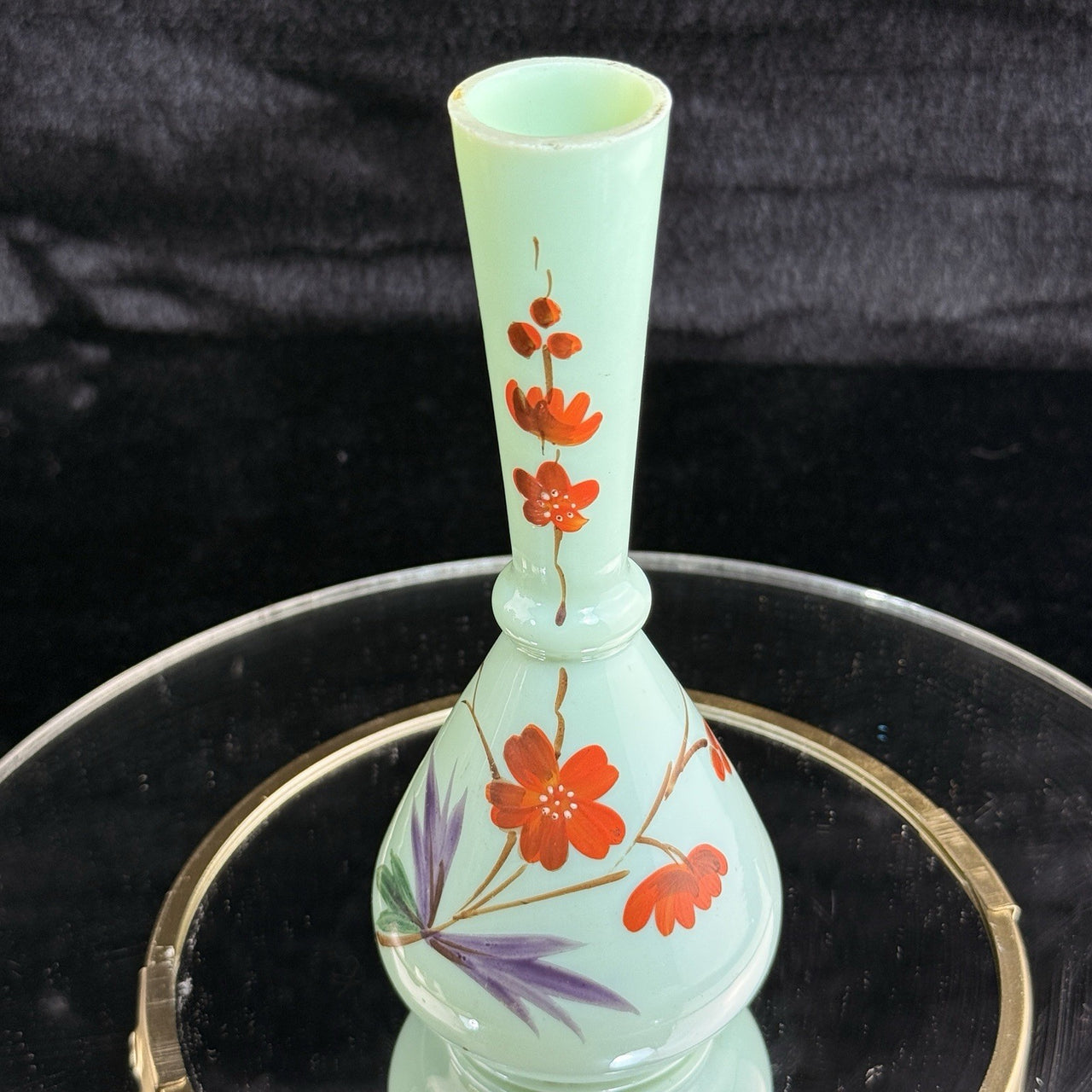 Antique Milk Glass Vase Floral Red Enamel 7” Bud Bottle Style decor see pics12