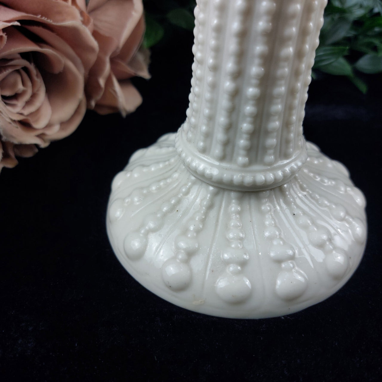 Rare Milk Glass porcelain Candlestick Holder, Black Dot Chipped Rim & Base 6.5"3