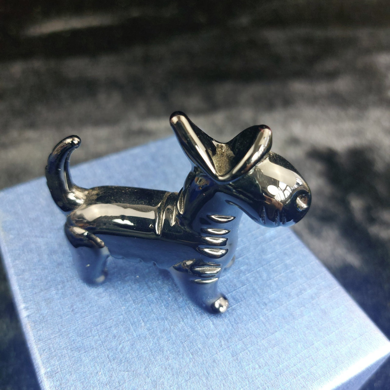 Handmade Glossy Glass Black Dog Figurine Puppy Animal Art Good w/ Box 2" x 2"6