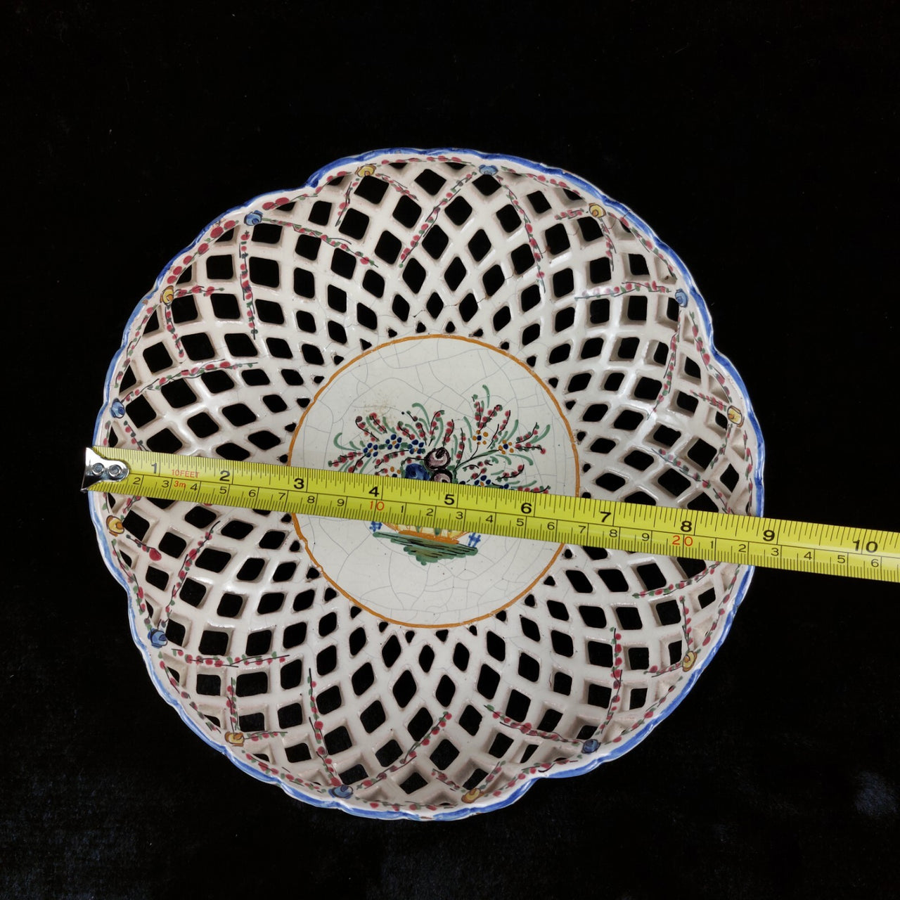 Mid-Century Italian Ceramic Lattice Bowl Hand-Painted Floral Design, gift plate.8