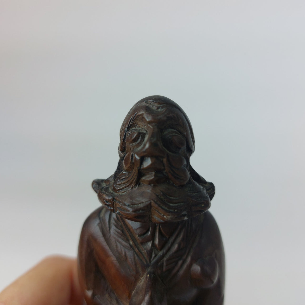 Antique Style Chinese Qing Dynasty Nanmu Wood Carved Figure  Robed Staff 6".8