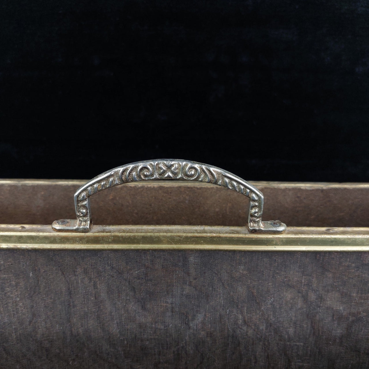 Gold Brass Magazine Rack Tavern Scene Handle Wood Back  Vintage  3