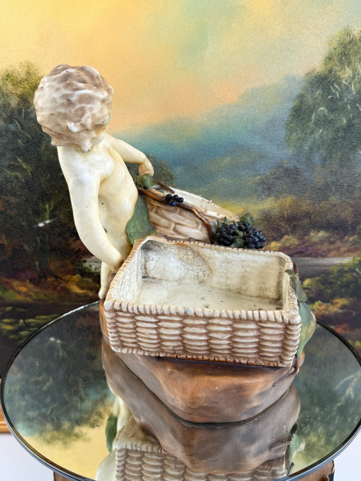Antique Putti Planter Figurine with Wicker Baskets and Berries - Majolica Style8