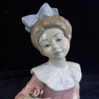 Thumbnail for Lladro Style Girl Figurine, Valencia Spain, Flower, Bow Pink , 12