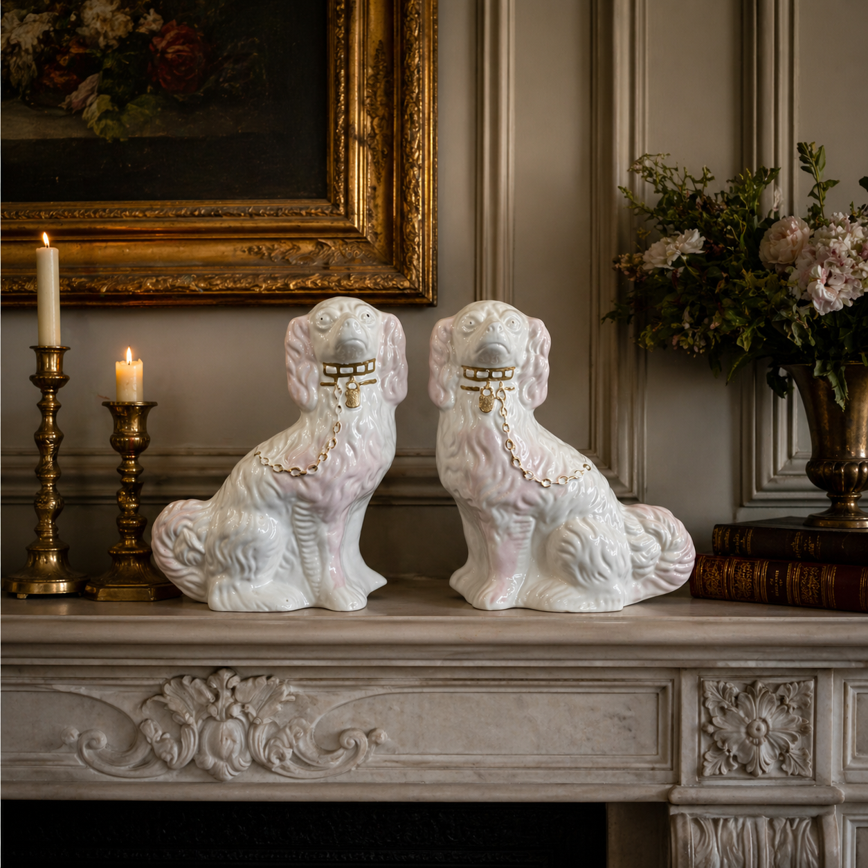 Antique Staffordshire Porcelain Pink and White Pair King Charles Spaniel Vintage0