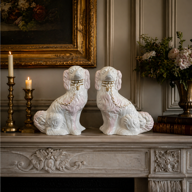 Antique Staffordshire Porcelain Pink and White Pair King Charles Spaniel Vintage0