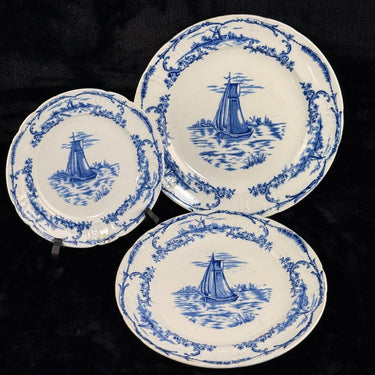 ANTİQUE Delph Blue&White Transferware Plates x3 1896 Sailboat Windmill Scene0