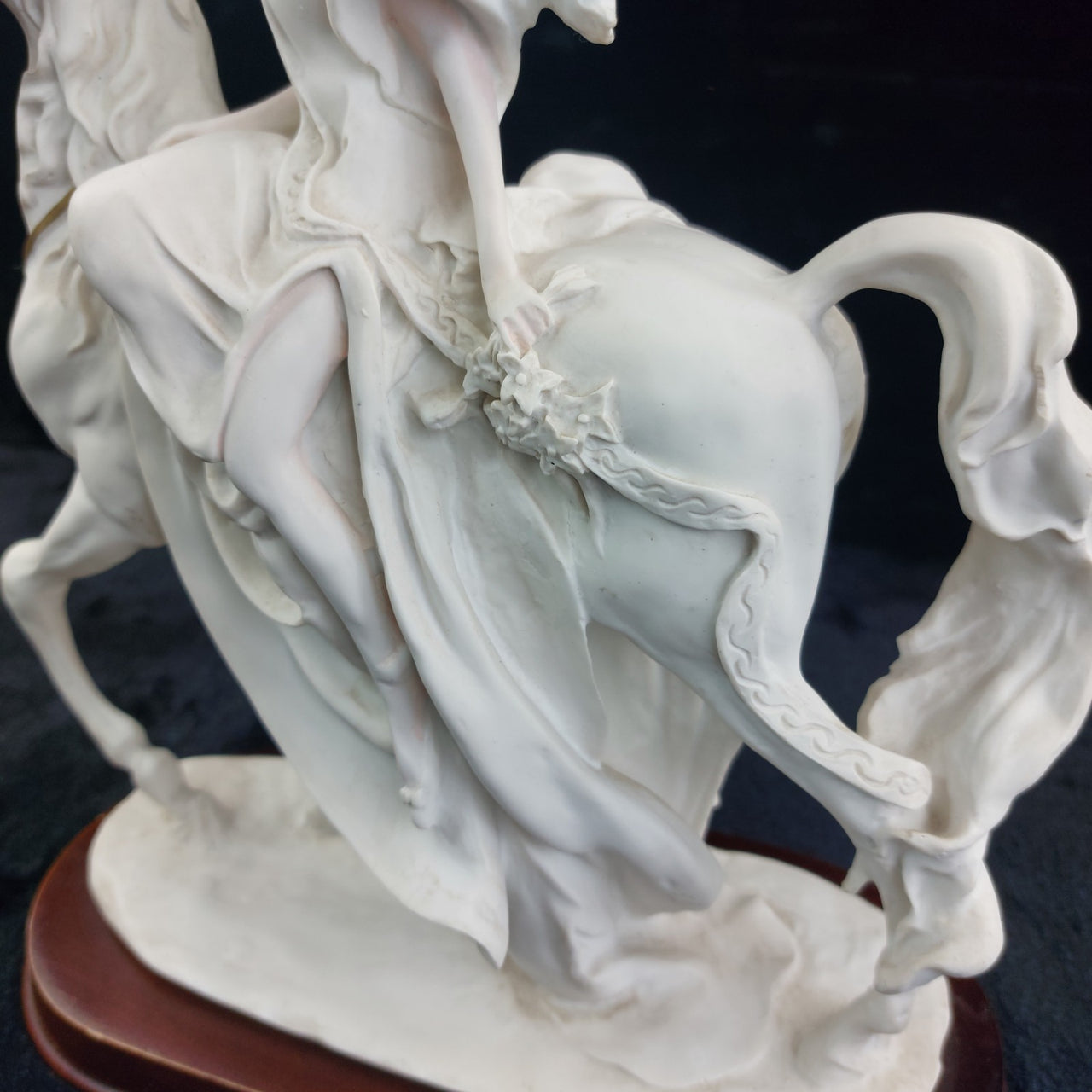 The White Lady Figurine Elegant Matte Bisque Horseback Rider on Wood Base 12"5