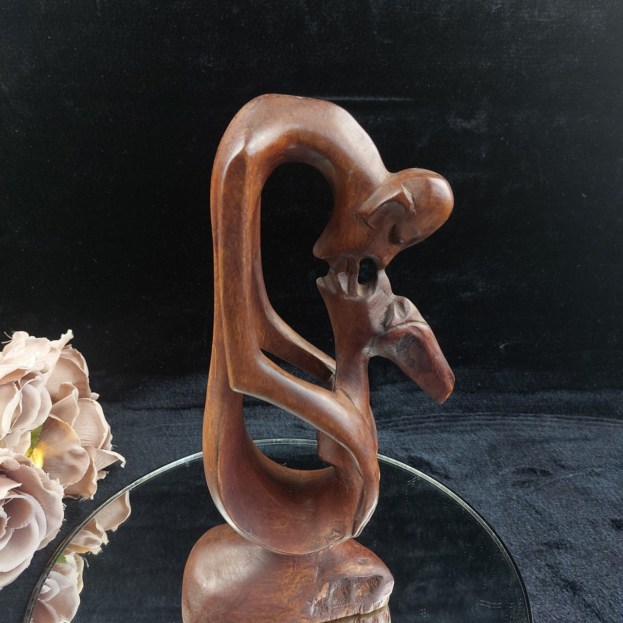Abstract Hand Carved Wood Kissing Couple Sculpture – worn base 11" Tall, African0
