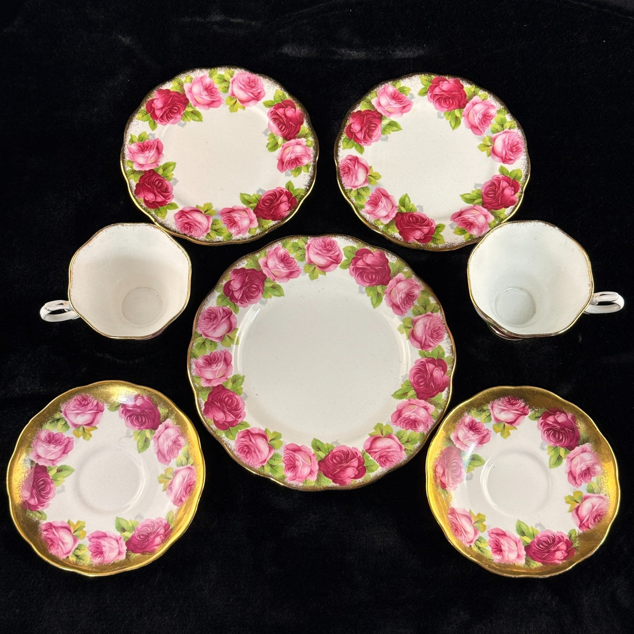 Pink Royal Albert Old English Rose Trio x2 & Serving Plate Bone China England1