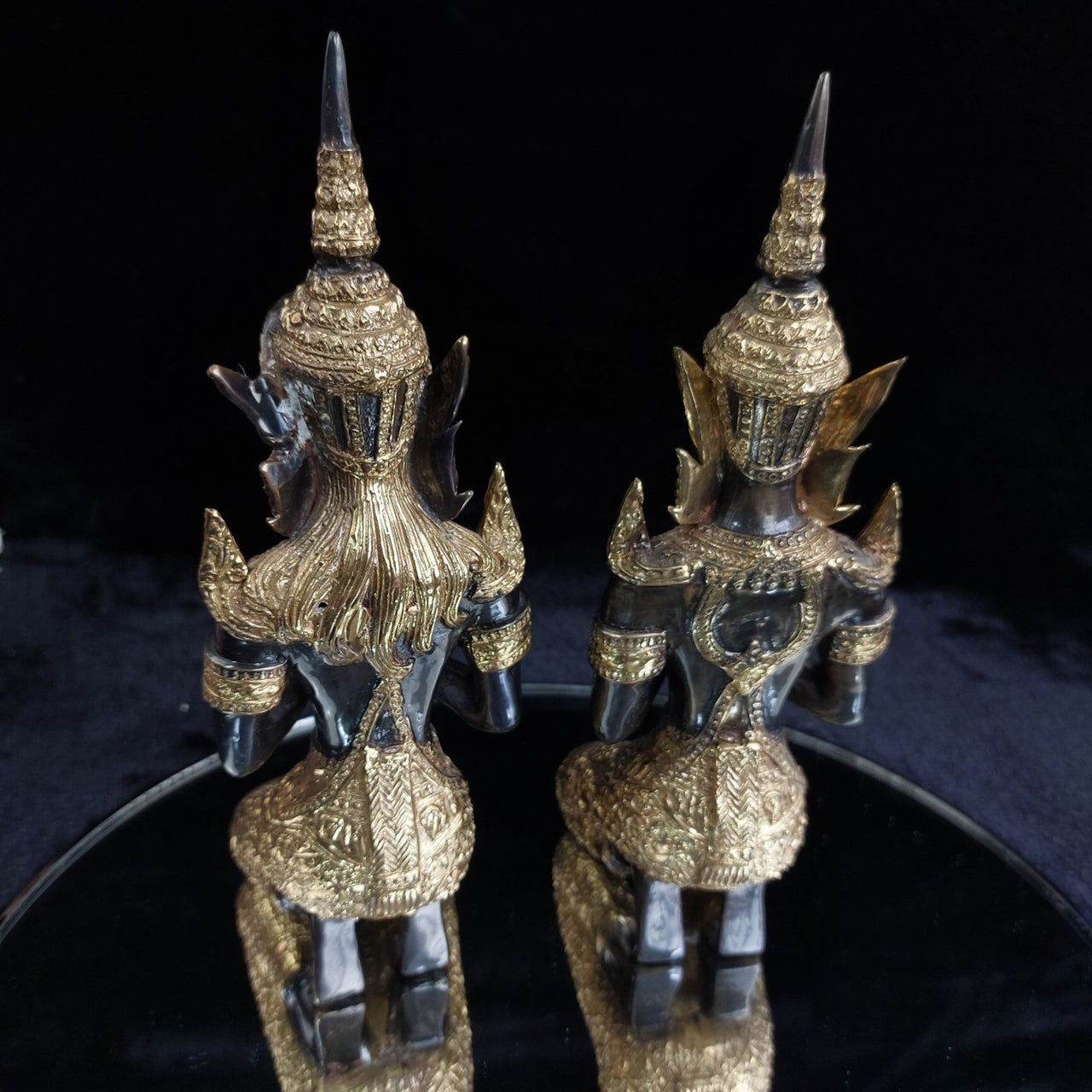 Thai Bronze Kneeling Praying 8.5" Statues Pair Ornate Gold Trim decor see pics12