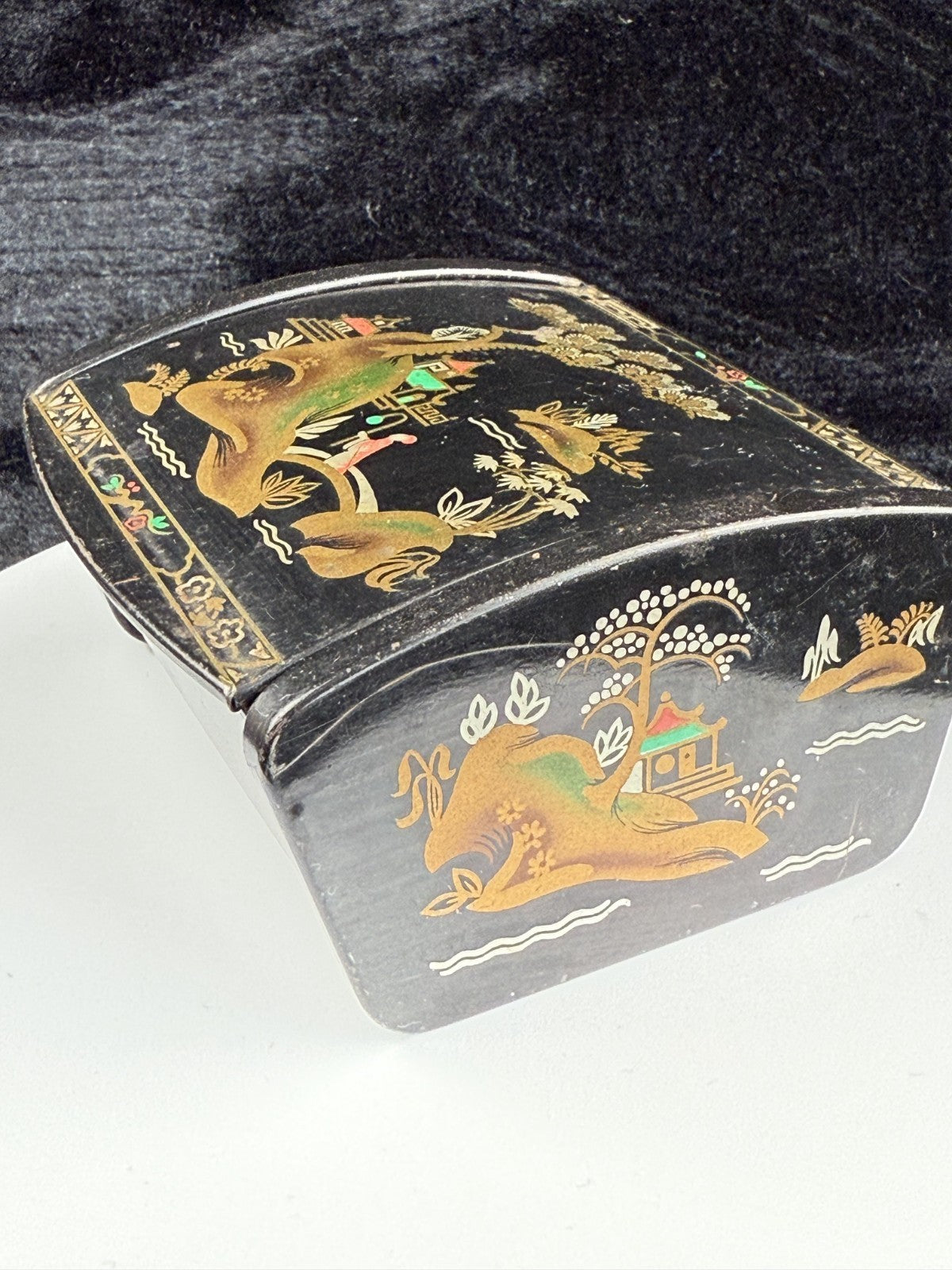 Vintage Quality Japanese Style Black Lacquer Trinket Box with FoldUp Lid, Hand8
