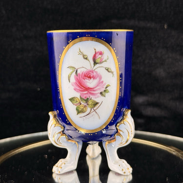 Royal Worcester Tripod Vase Cobalt Blue Pink Rose Hand Painted Gilt Antique Styl0