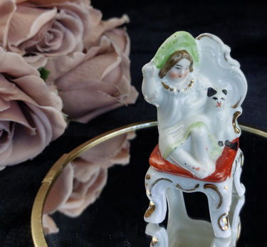 Antique Porcelain Girl with Dog Figurine Seated Chair 3.5 in gift0