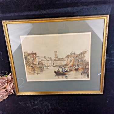 Lithograph Holmens Copenhagen  Canal and Tower of St. Nicholas,  from 1800's.0