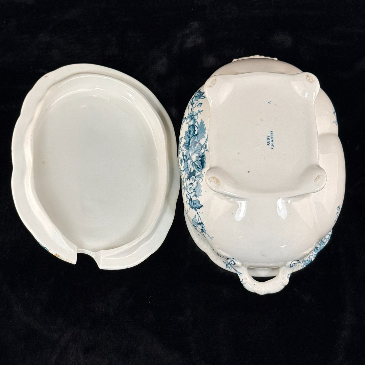 S.H. & Sons 'Ruby' Blue Transferware Tureen Lidded Floral Dish England 11” Large13
