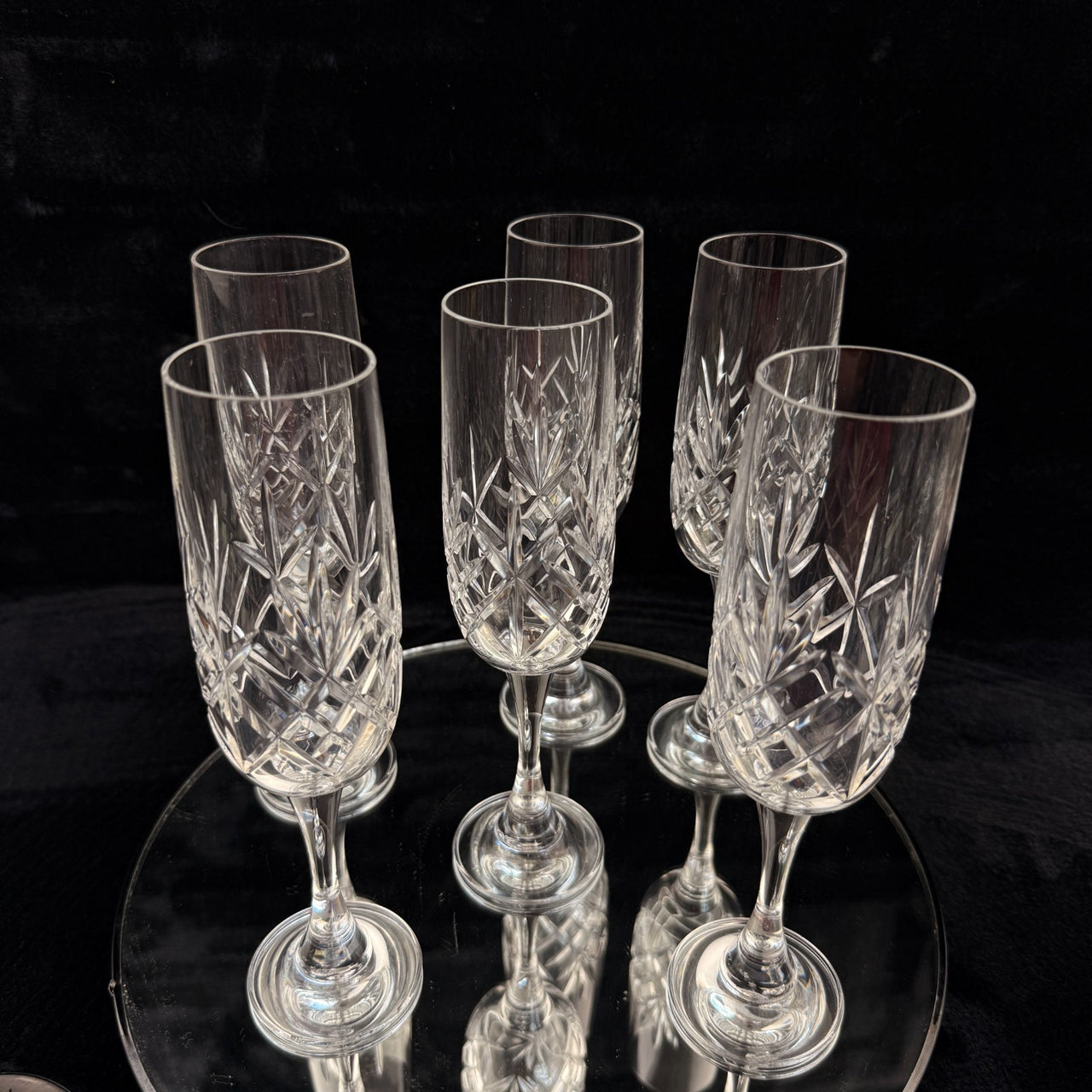 Vintage Cut Crystal Glassware Set – 6 Champagne Flutes & 2 Candlestick Holders5