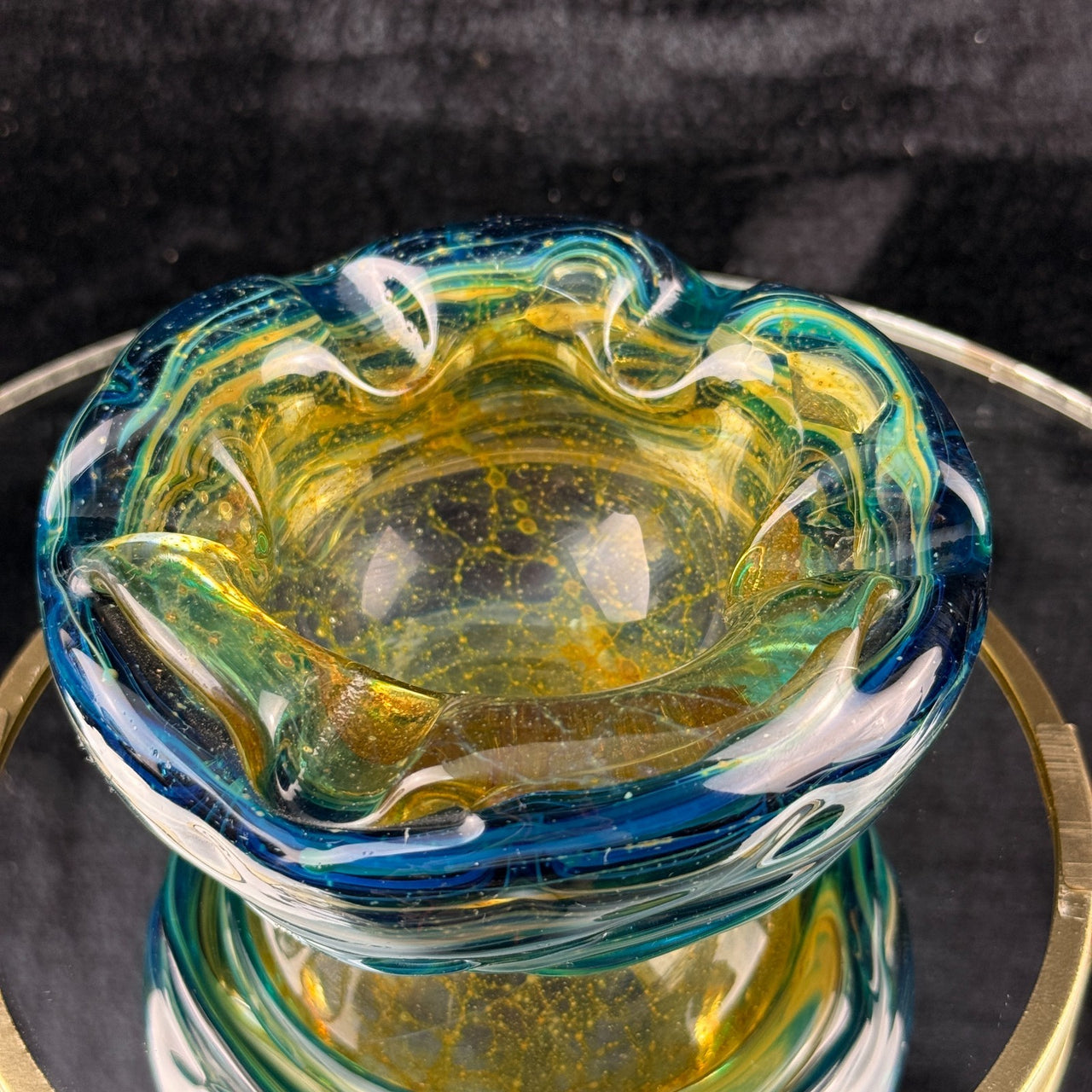 Mdina Malta Art Glass Ashtray 80s Blue Yellow Swirl 13cm Heavy see the pics deco10