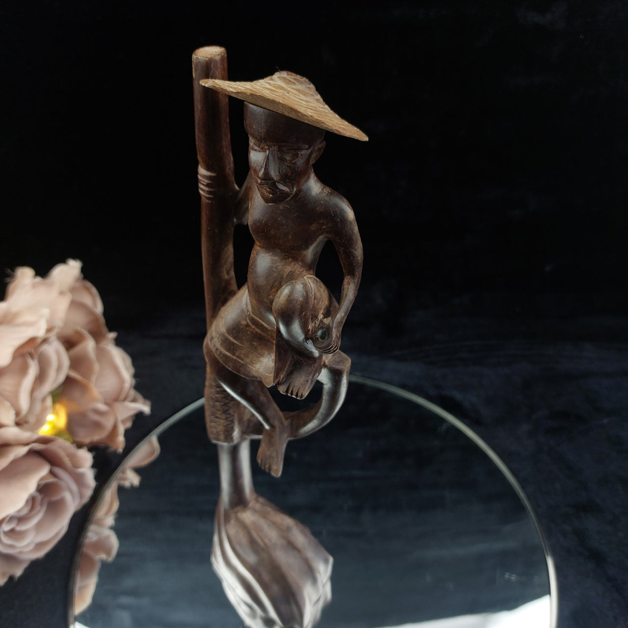 Sri Lankan Wood Statue Acceptable – Stilt Fisherman Sculpture Hat Broken Brown4