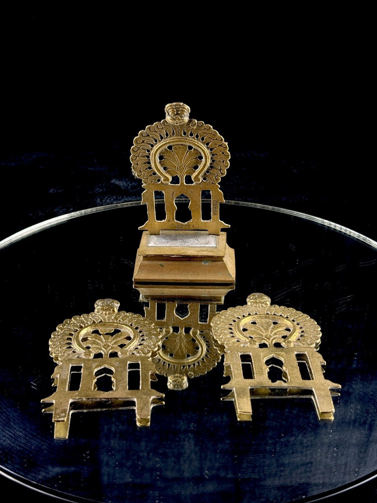 BIRH Brass Miniature Indian Throne Backrests Set of 3 Hindu Temple Art Vintage0
