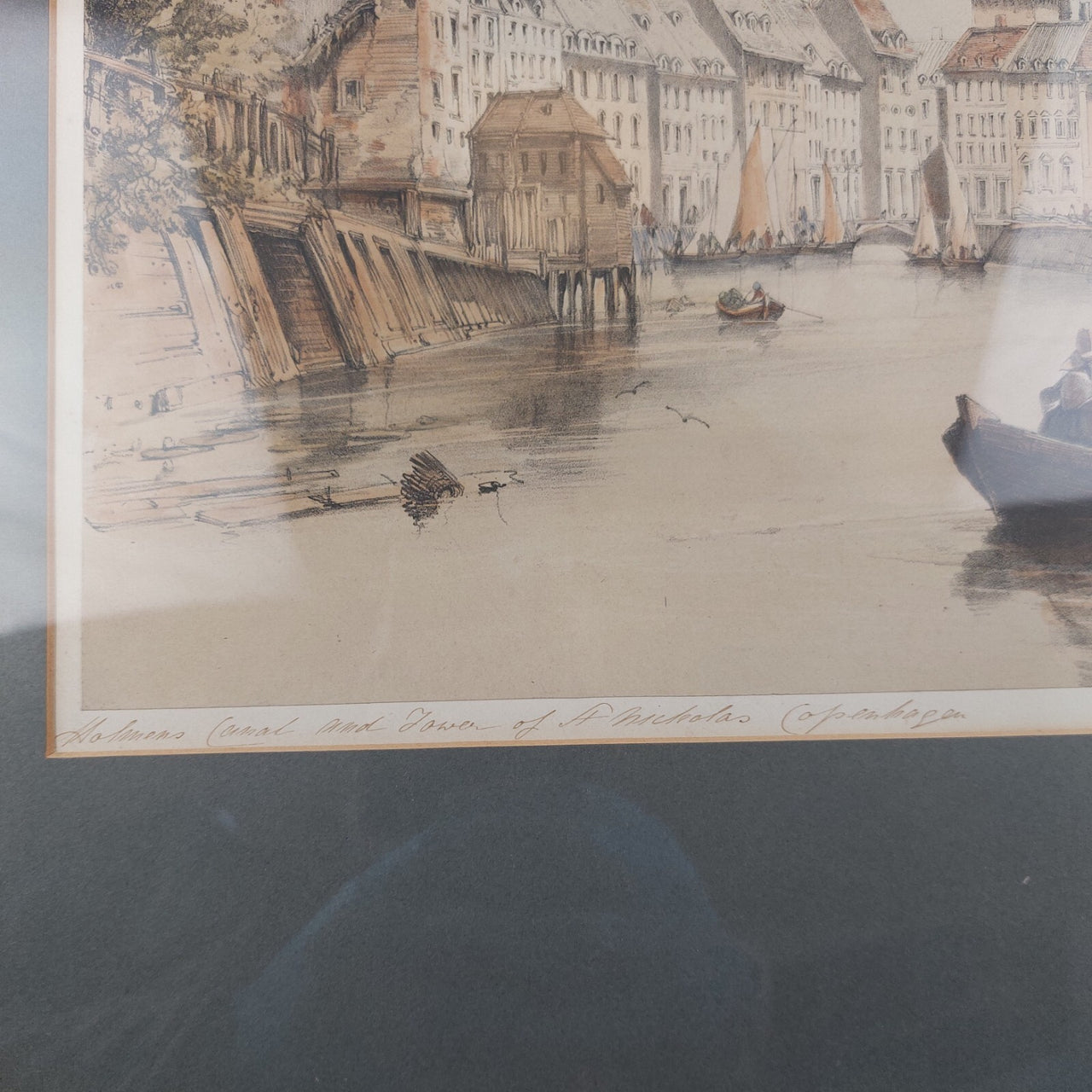 Lithograph Copenhagen Holmens Canal and Tower of St. Nicholas, from 1800's.6