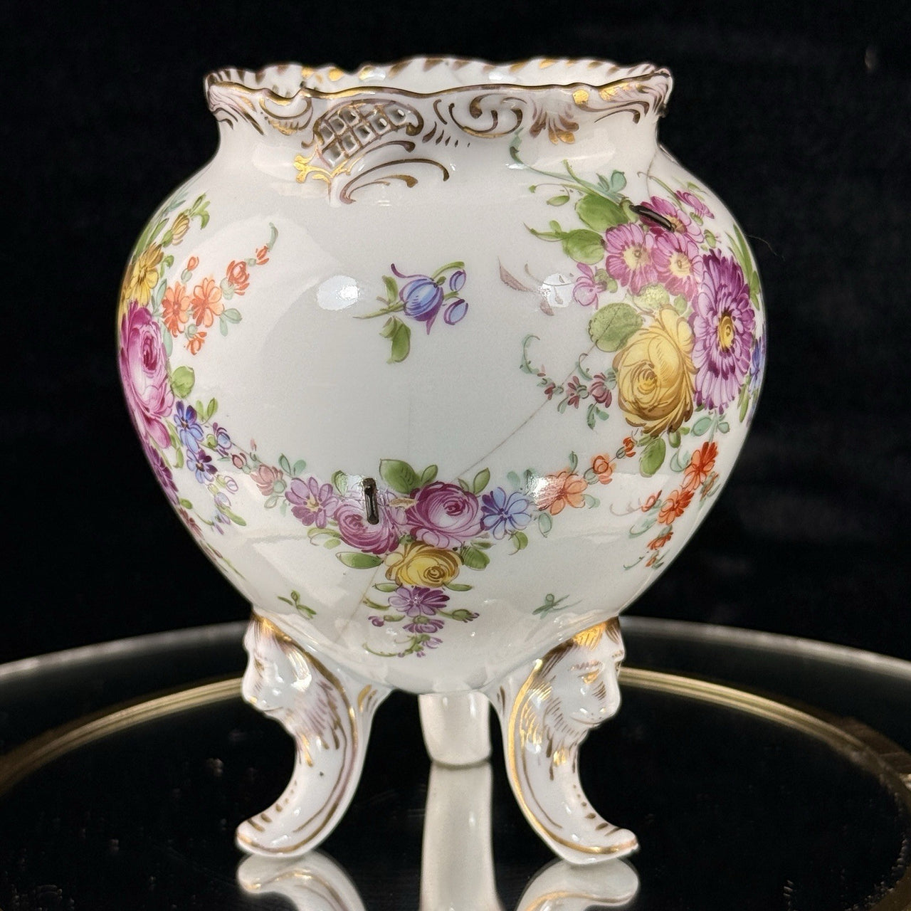 19th century antique Dresden Porcelain Vase Floral Tripod Legs 19th C Repaired13