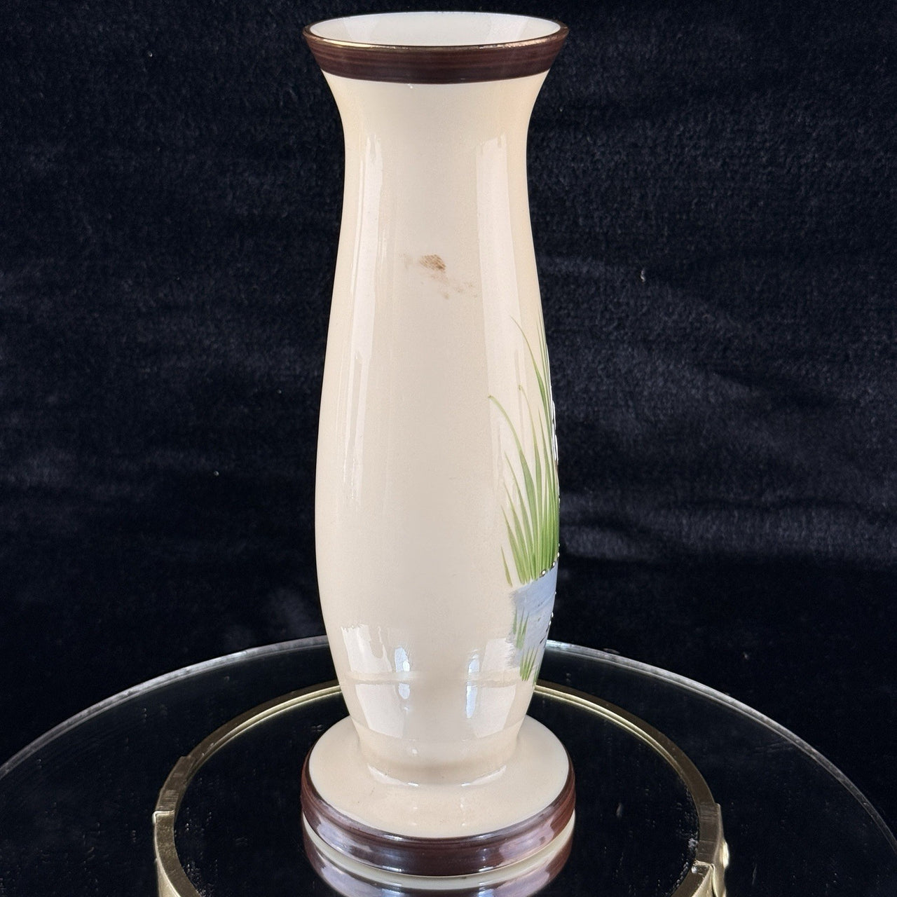 Vintage Porcelain Milk Vase 9" Hand Painted Heron Wetland Scene Gold Trim Accent11