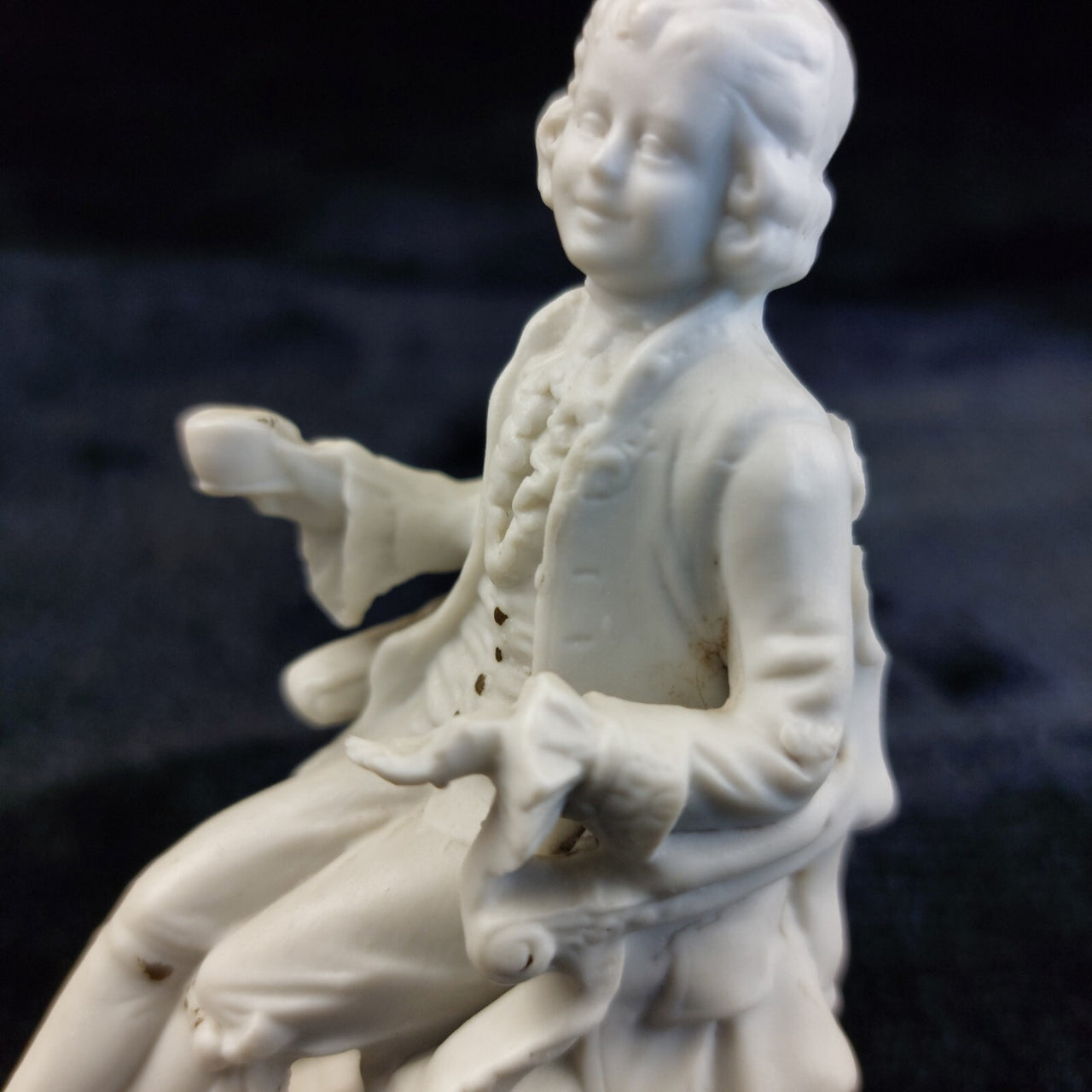 Antique Figurine Bisque 4in Seated Man with Dog White Porcelain Worn & Damaged6