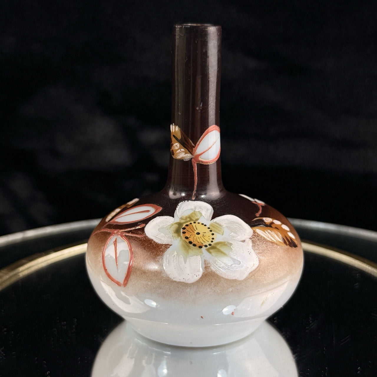 Antique Vintage Japanese Mini Vase Hand Painted Brown White Floral Narrow Neck 40