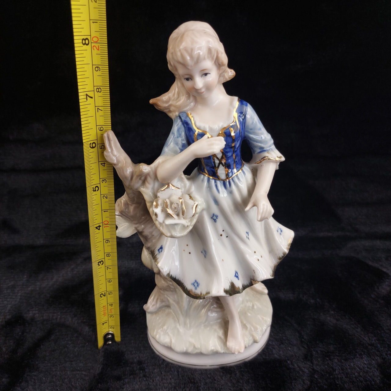 German Porcelain Figurine 8.5in Lady with Rose Blue Gold White see pics decor.3