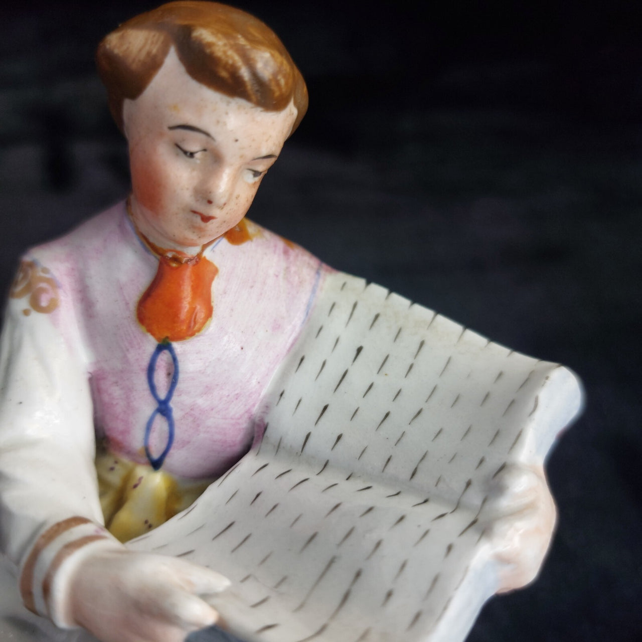Staffordshire Figurine Reading Man Book 6" Repaired Neck, chipped foot Vintage.7