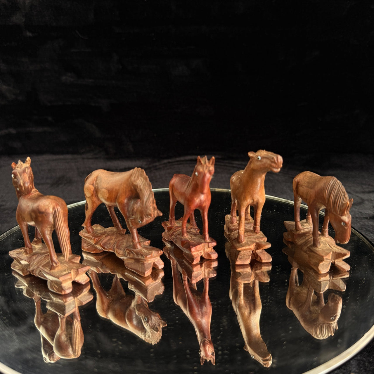 Vintage Hand Carved Wooden Horse Figurines Set Lot of 5 Rustic Folk Art 3.5”1