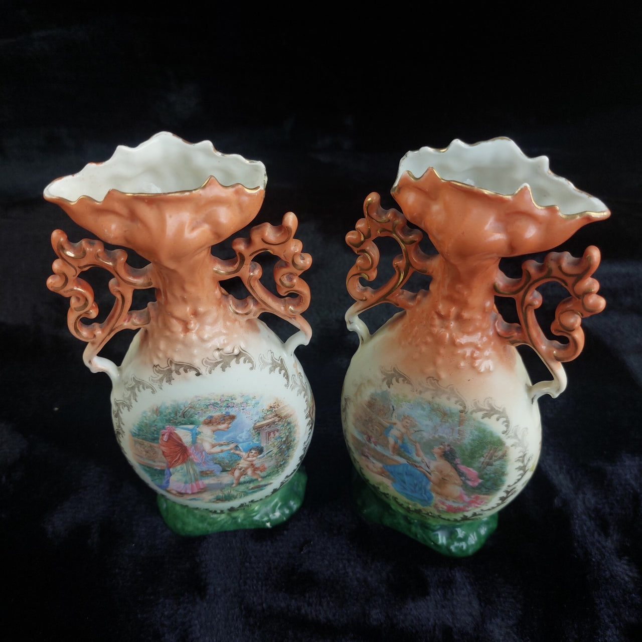 Victoria Austria Porcelain Vase Pair Handled Romantic Scene Antique Decor. 9in22