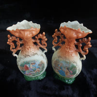Thumbnail for Victoria Austria Porcelain Vase Pair Handled Romantic Scene Antique Decor. 9in22