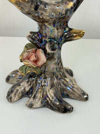 Thumbnail for Vintage Iridescent Bird Figurines Pair Tree Trunk Base Gold Trim Gift Roses2