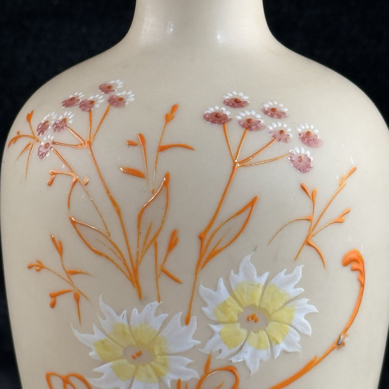 Antique Vintage Hand Painted Milk Glass Vase Floral Enamel Tall 10” Art Deco Sty3